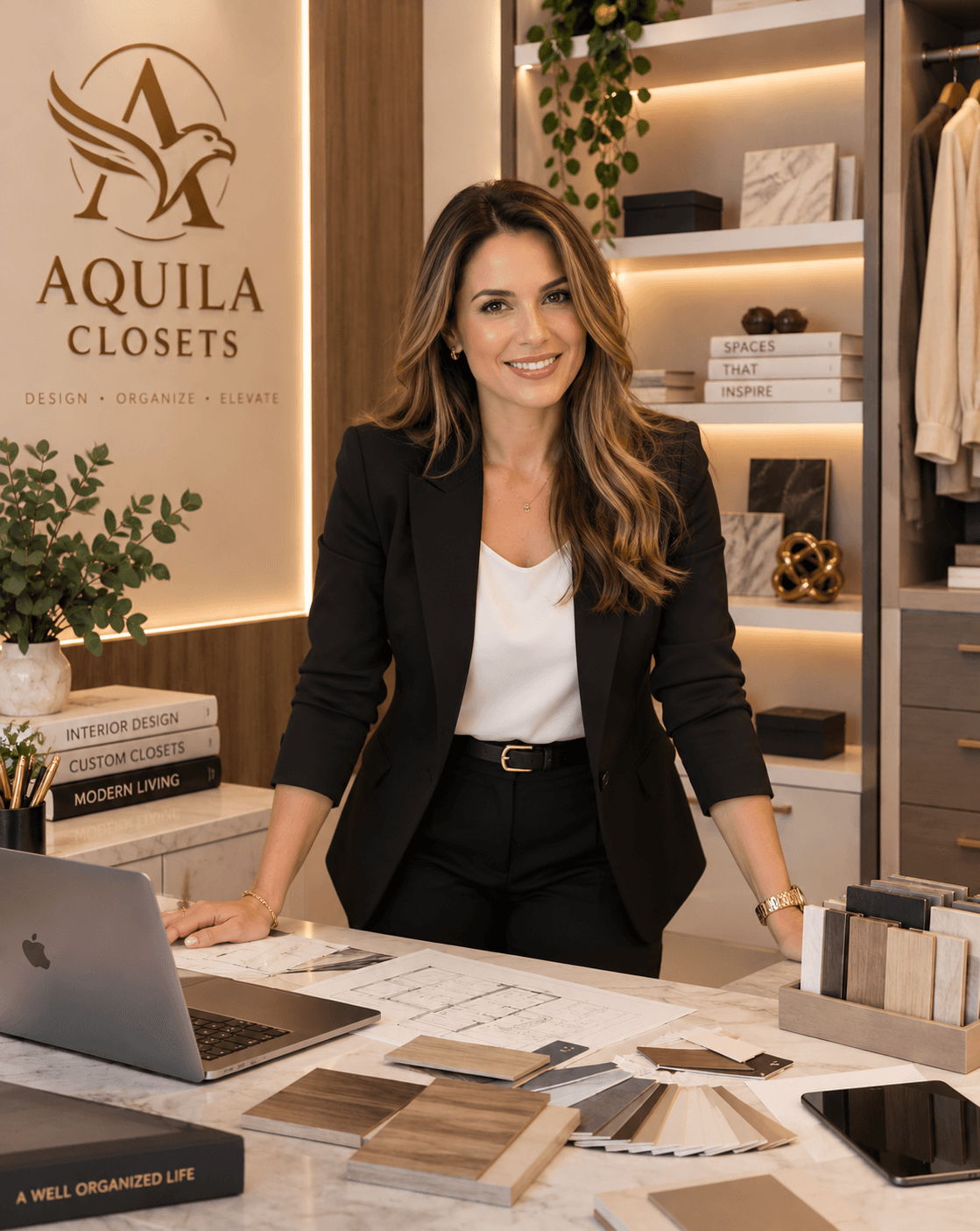 Aquila designer at a marble consultation table with a laptop, floor plans, and material swatches, with the Aquila Closets logo on the wall behind her